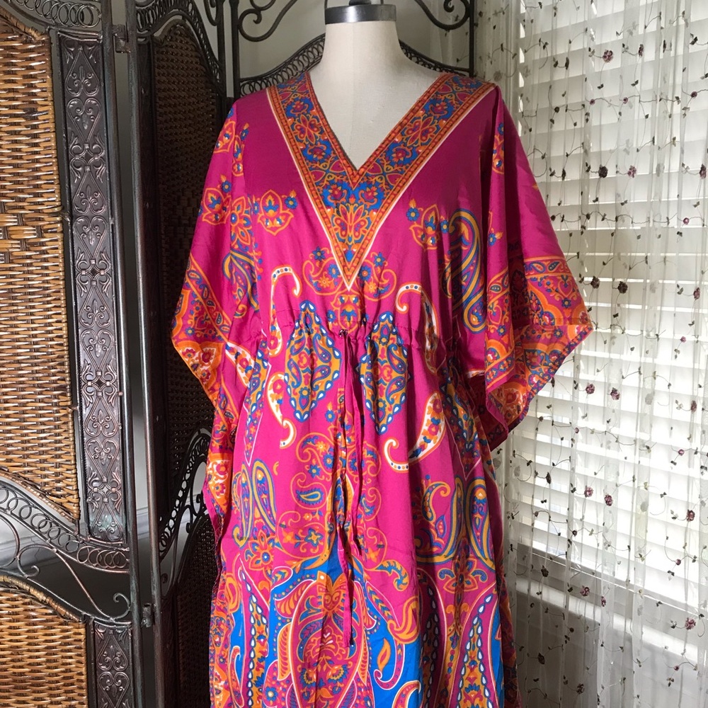 Magenta Paisley Maxi Caftan with Orange and Blue Accents